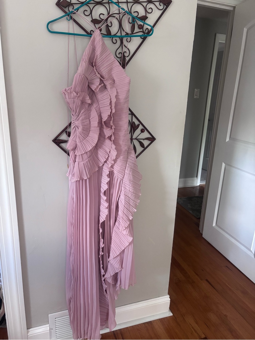 Pleated Halter Neck Ruffle Gown in Dusty Pink